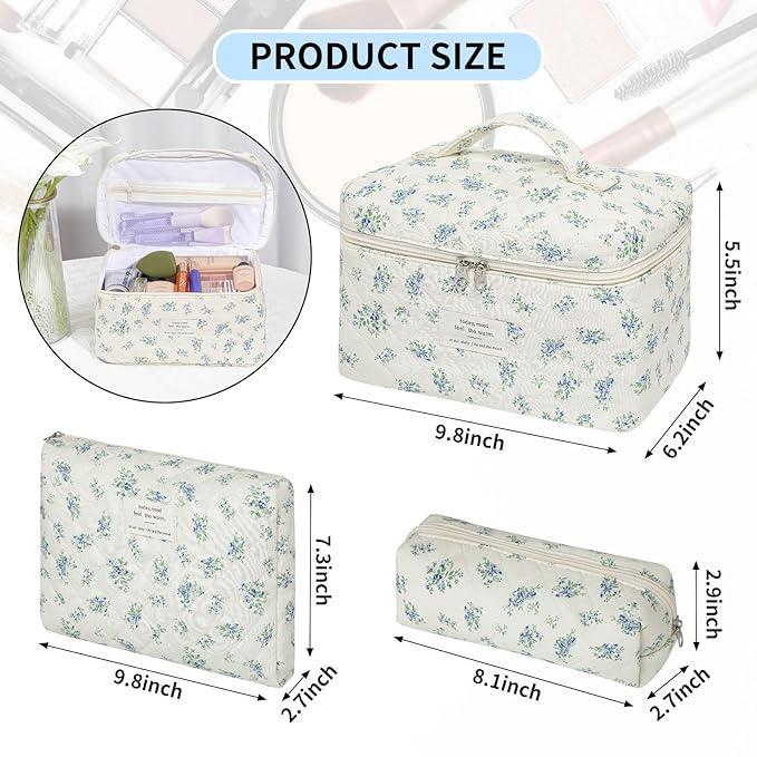 senbowe Floral Makeup Bag, 3 Pack Large Cotton Quilted Makeup Bag Set, Cute Floral Coquette Aesthetic Toiletry Bag Make Up Cosmetic Bag for Women, Toiletry Travel Make Up Organizer Bag