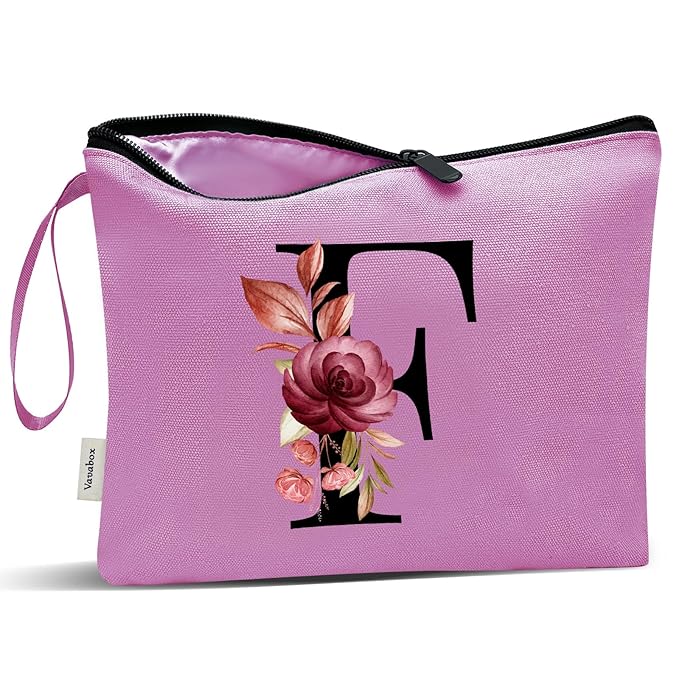 Vavabox A-Z Personalized Makeup Bag, Birthday Gifts for Women Mom, Gifts for Best Friend, Bride Bridesmaid Cosmetic bag (F, Purple)