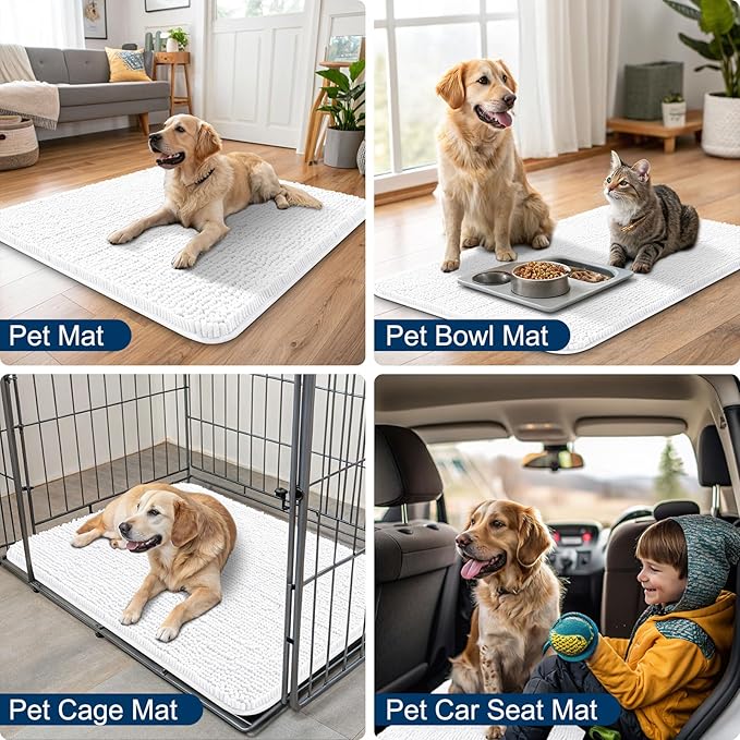 Smiry Dog Door Mat for Muddy Paws 70x24, Absorbs Moisture and Dirt Doormat, Non-Slip Washable Quick Dry Chenille Front Door Mat Indoor Entrance, Entryway Carpet for Inside Floor, White