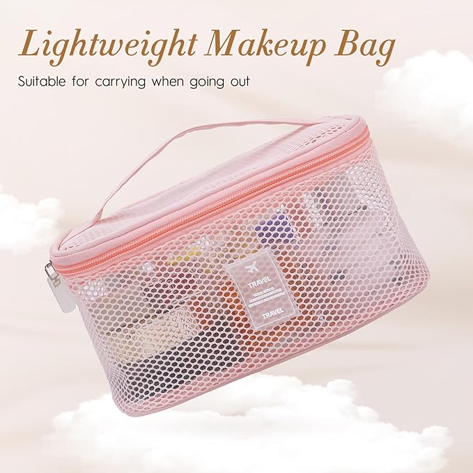 Mesh Makeup Bag, Breathable Cosmetic Bags with Zipper, Travel Lightweight Make Up Organizer Mesh, Toiletry Bag with Handle for Women Girls Gift, Pink