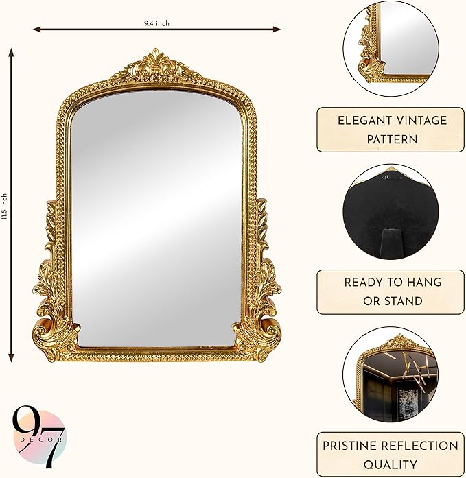 97 Decor Gold Vintage Wall Mirror - Small Gold Mirror for Tabletop and Wall Hanging, Antique Arch Frames for Desk, Small Decorative Mirrors Frame for Home Bedroom, Makeup Room Decor (11.8x9.6 Inch)