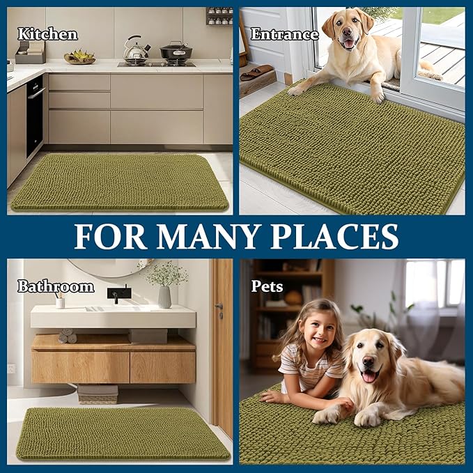 OLANLY Dog Door Mat for Muddy Paws 70x24, Absorbs Moisture and Dirt, Absorbent Non-Slip Washable Doormat, Quick Dry Chenille Mud Mat, Entry Indoor Entryway Carpet for Inside Floor, Willow Green