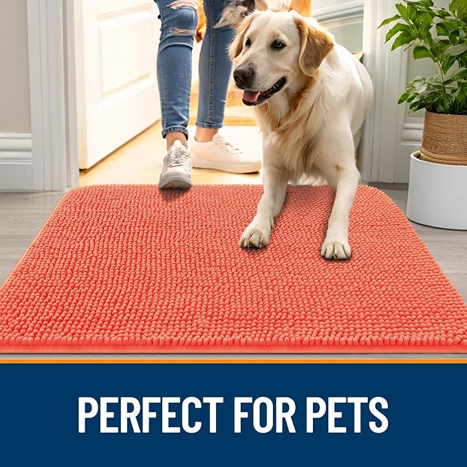 OLANLY Dog Door Mat for Muddy Paws 47x20, Absorbs Moisture and Dirt, Absorbent Non-Slip Washable Doormat, Quick Dry Chenille Mud Mat for Dogs, Entry Indoor Entryway Carpet for Inside Floor, Coral