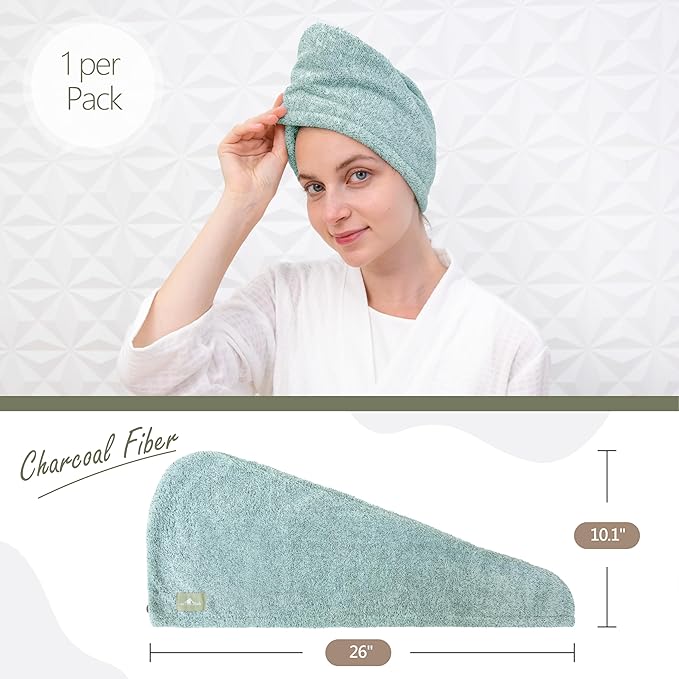myHomeBody Hair Towel Wrap, Luxury Quick Drying Turban, Ultra Soft Absorbent Charcoal Fiber Cap, with Coconut Shell Button – Pine Green
