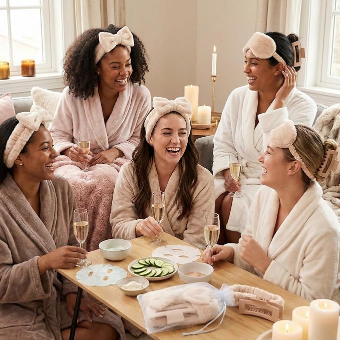 48 Pcs Galentine Spa Party Supplies Sleepover Essentials 12 Spa Headband 12 Plush Eye Mask 12 Claw Clips 12 Organza Bag for Adult Slumber Party Supplies Valentine Gift(Khaki)