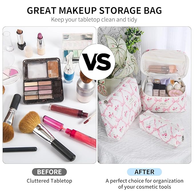 senbowe Floral Makeup Bag, 3 Pack Large Cotton Quilted Pink Bow Makeup Bag Set, Cute Floral Coquette Aesthetic Toiletry Bag Make Up Cosmetic Bag for Women, Toiletry Travel Make Up Organizer Bag