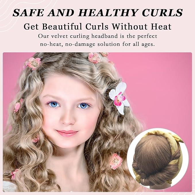 ZILAMPU No Heat Curling Rod Headband for Women and Girls, Velour Overnight Hair Curl Roller Wrap for Long Hair - Light Yellow