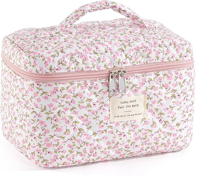 Makeup Bag for Women Quilted Cotton Make Up Bag Travel Cosmetic Bag Large Makeup Bag Cute Makeup Bags Organizer Floral Toiletry Bag Makeup Pouch for Purse, Pink Floral A-1PCS