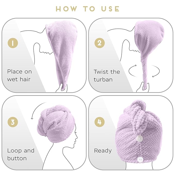 2 Pack Microfiber Hair Towel Wrap for Women, Anti Frizz Quick Drying Hair Turban for All Hair Style, Absorbent and Lightweight (Light Purple)
