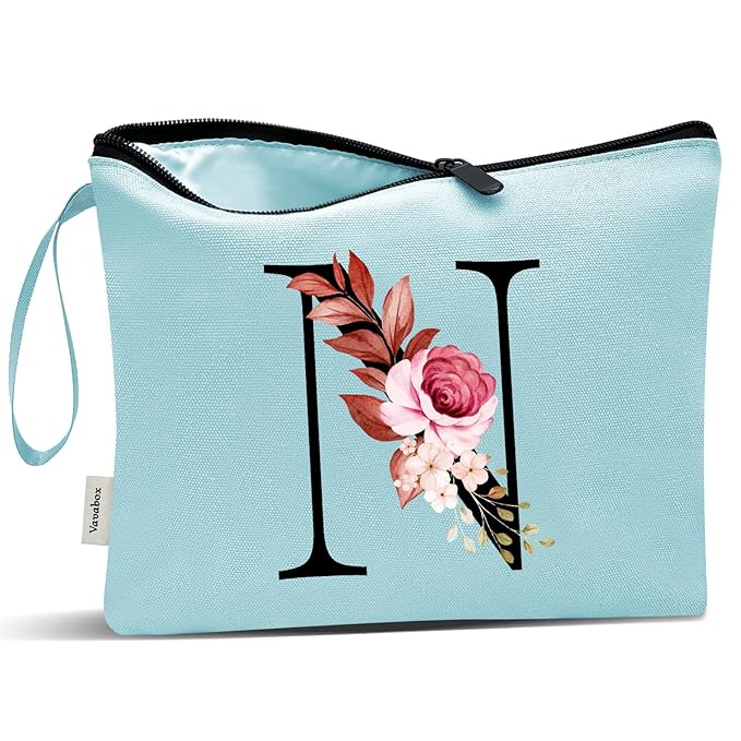 Vavabox A-Z Personalized Makeup Bag, Birthday Gifts for Women Mom, Gifts for Best Friend, Bride Bridesmaid Cosmetic bag (N, Green)