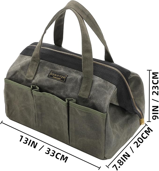 13-inch Tool Bag, Heavy Duty Wide Mouth Water-Resistant Tool Bag, Tool Tote with Handle for Tools, Wrenches, Screwdrivers (13 X 7.8 X 9 inch) | ArmyGreen