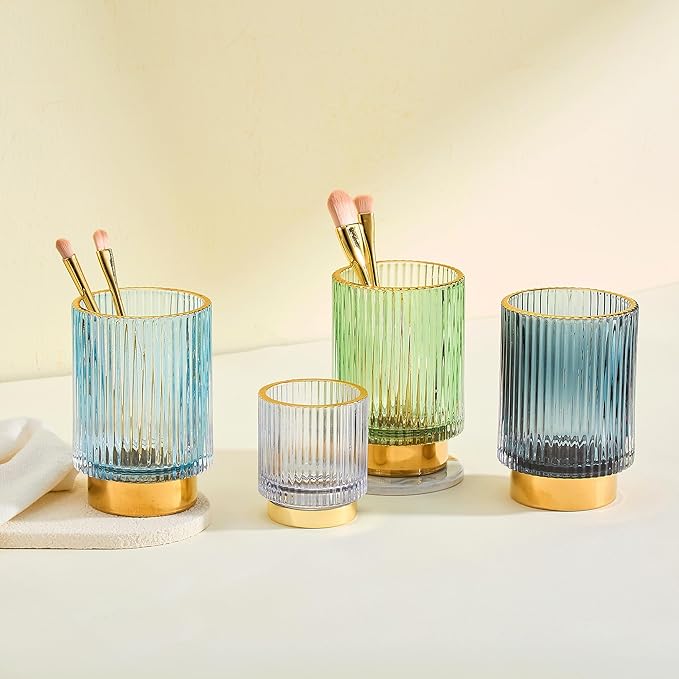 Makeup Brush Holder Organizer,Toothbrush Holders,Desk Pen Pencil Holder,Multifunctional Vintage Glass Brush Cup（L/Blue/A3-8-US）
