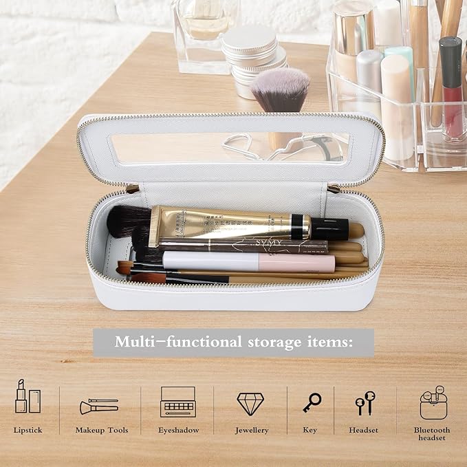 Pinkmik Makeup Brush Case Clear Travel Cosmetic & Toiletry Bag Small Makeup Bag with Zipper Purse Organizer Car Essential Bag for Women (White, SLIM)