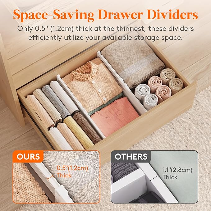 Lifewit 8" High 6 Pack Deep Drawer Dividers, 35 –55cm/13.8-22.5" Adjustable Dresser Drawer Divider, White Drawer Organizer for Clothes, Tall Drawer Separator for Dresser Kitchen Bedroom Cabinet Office
