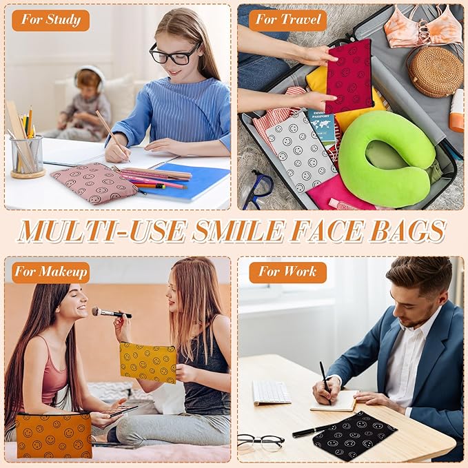 Reginary 20 Pieces Cosmetic Bag for Women, Roomy Makeup Bags with Zipper Toiletry Bag Pouch Travel Accessory Organizer Gifts, 7 x 4.3 Inches(Smile Face)