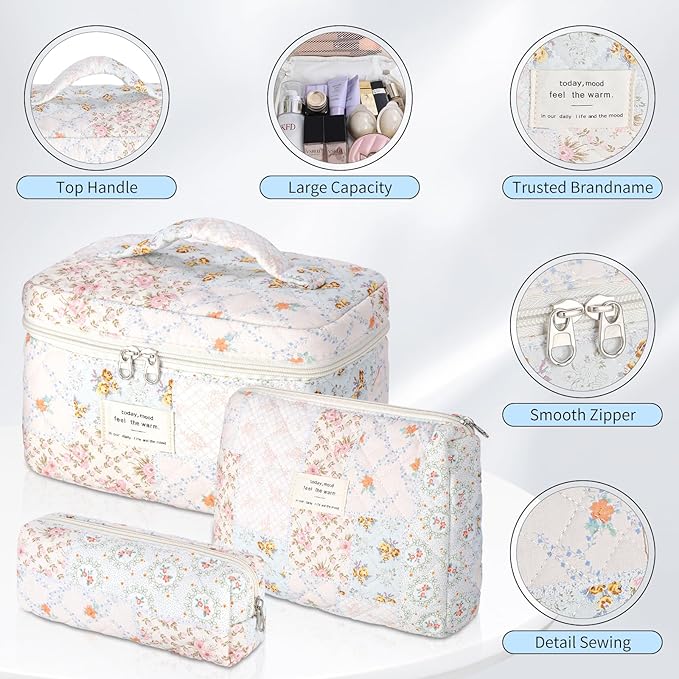 senbowe Floral Makeup Bag, 3 Pack Large Cotton Quilted Makeup Bag Set, Cute Floral Coquette Aesthetic Toiletry Bag Make Up Cosmetic Bag for Women, Toiletry Travel Make Up Organizer Bag