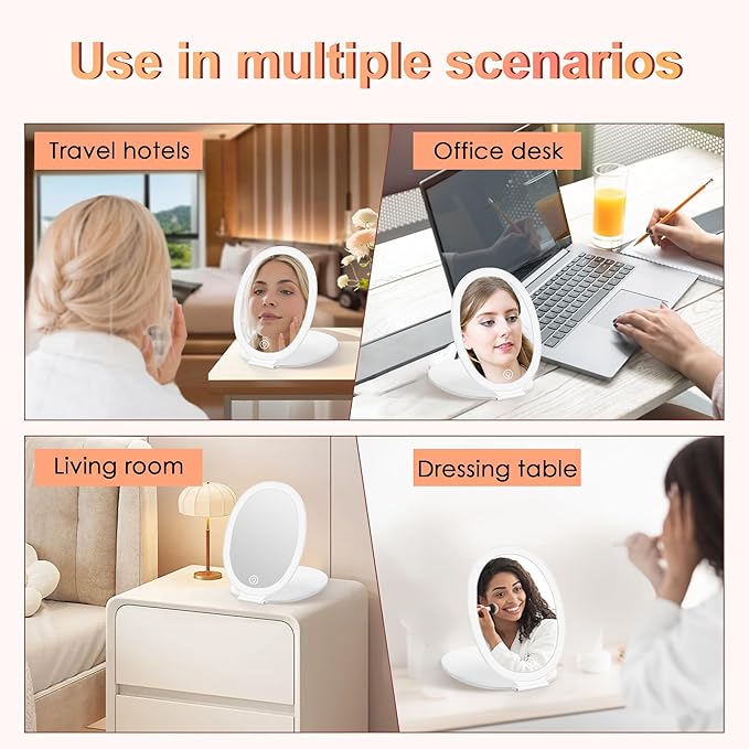 Travel Makeup Mirror with Light: 3 Color Lighting Portable Mirror with Touch Screen Rechargeable Adjustable LED Lights Hexagon Vanity Mirror for Travel, Desk, Home (Round White)