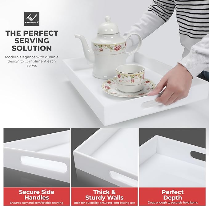 White Tray 20×12" with Cut Handles - Spill Proof Decorative Tray is an Ideal Countertop Organizer for Living Rooms, Ottoman Coffee Tables, Offices, Kitchens & Serving Guests