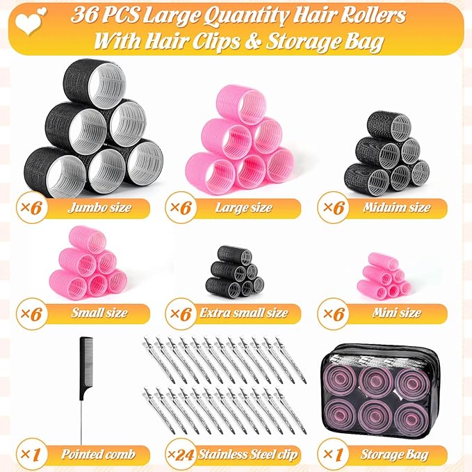 6 Size Hair Rollers for Women, 62 Pcs Rollers Hair Curlers for Blowout Look Long Medium Short Hair, Jumbo Large Medium Small Self Grip Curlers with 36 Roller 24 Clips 1 Storage Bag