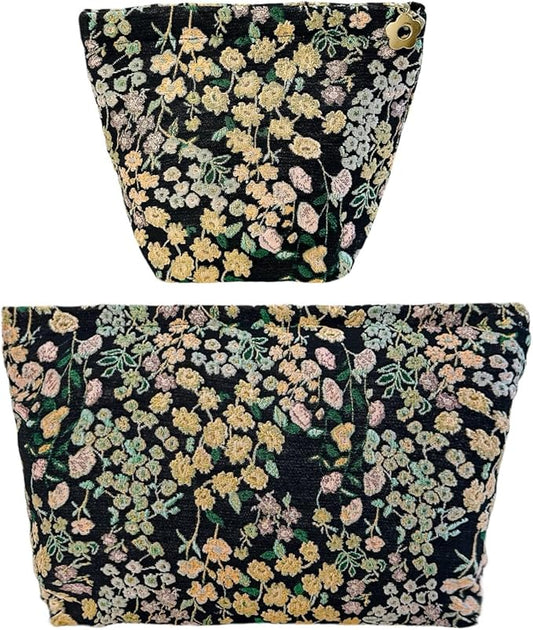 2 Pcs Makeup Bags, Large Cosmetic Bag Travel Toiletry Bag Organizer for Women, Embroidery Craft, Floral Makeup Bag Small Cosmetic Pouch Purse with Zipper Gifts for Girls Teen
