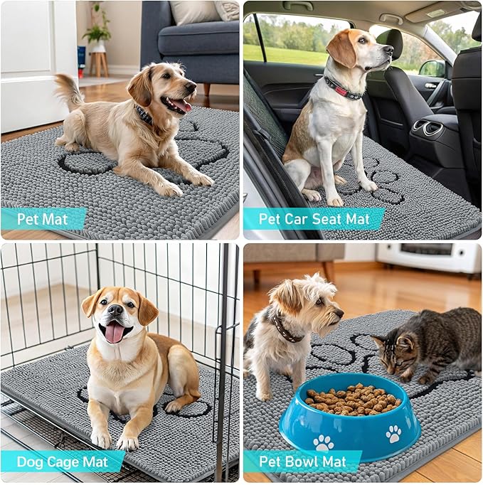 OLANLY Dog Door Mat for Muddy Paws 48x30, Paw Print Design, Absorbs Moisture and Dirt, Absorbent Non-Slip Washable Doormat, Quick Dry Chenille Mud Mat for Dogs, Entry Indoor Entryway Carpet, Grey