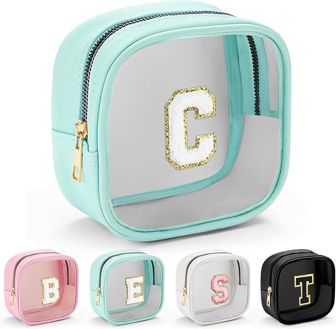 YOOLIFE Initial Make Up Bag Travel Toiletry Bag, Clear Makeup Bag Preppy Cosmetic Bags Organizer Travel Essentials Gifts for Women Teen Girlfriend Teacher Mom Birthday Gifts Mini Blue C