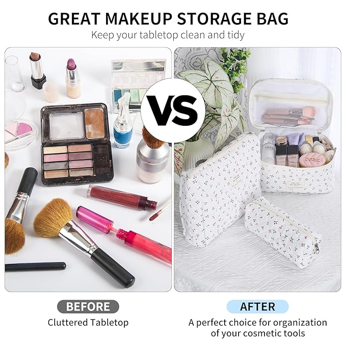 senbowe Floral Cherry Makeup Bag, 3 Pack Large Cotton Quilted Makeup Bag Set, Cute Floral Coquette Aesthetic Toiletry Bag Make Up Cosmetic Bag for Women, Toiletry Travel Make Up Organizer Bag