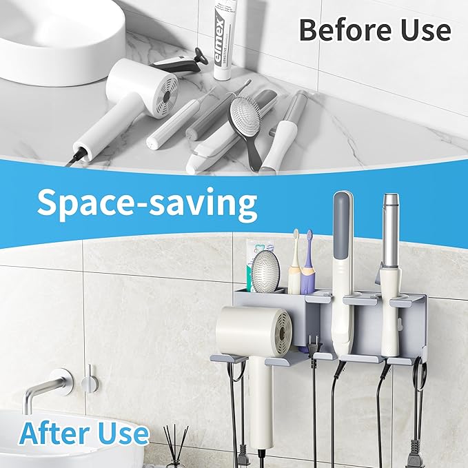 Blow Dryer Holder, 2 Installation Methods (Adhesive & Screws) Hair Dryer Holder Wall Mounted, Metal Hair Tool Organizer for Curling Iron, Straightener, Bathroom Wall Organizer, Gray
