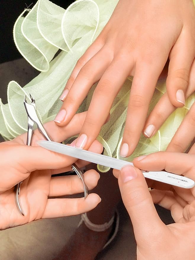 GERMANIKURE Glass Nail File in Suede Sleeve - All You Need is Less - Professional Crystal Nail File for Natural Nails - Ideal Manicure & Pedicure Tool for Smooth, Easy Shaping - Nail Care Gift