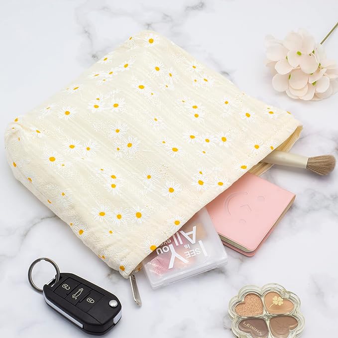 PAZIMIIK Floral Makeup Bag Large Cotton Zipper Pouch for Purse Travel Canvas Make Up Organizer for Women Cosmetic,Daisy Beige