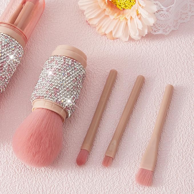 WOKOTO 4 in 1 Pink & White Diamond-Embellished Makeup Brushes - Nail Art Dust Powder Remover Brush, Eye Shadow, Lip & Foundation Brush, Soft Nail Art Dust Cleaner Brush for Acrylic Nails and Makeup