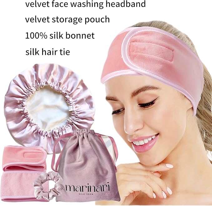 100% Pure Mulberry Silk Bonnet – Double Layer, Adjustable Strap, Silk Hairband & Face Wash Headband, Silk Sleep Cap