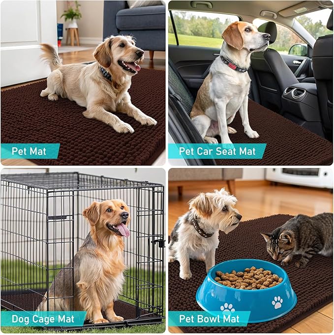 OLANLY Dog Door Mat for Muddy Paws 50x30, Absorbs Moisture and Dirt, Absorbent Non-Slip Washable Doormat, Quick Dry Chenille Mud Mat for Dogs, Entry Indoor Entryway Carpet for Inside Floor, Brown