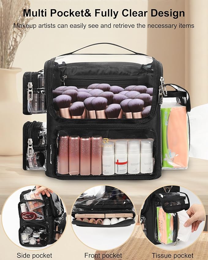 TANTO Makeup Brush Bag, Clear Makeup Case Large Portable Cosmetic Organizer Bag Professional Makeup Artist Bags Travel Cosmetic Train Case with Adjustable Dividers & Strap, Easy to Clean