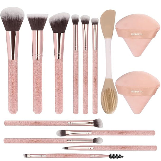 Pink Makeup Brushes Set 14 Pcs Professional, Synthetic Foundation Concealer Powder Blush Eyeshadow Brushes with 2 Powder Puffs & Dual-ended Mask Applicator, Gifts for Women Teen Girls