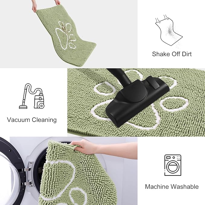Smiry Dog Door Mat for Muddy Paws, Absorbent Dirt Trapper Non Slip Quick Dry Washable Chenille Mat for Mud Dogs, Entry Rug for Indoor and Outdoor (59x35 Inches, Sage Green and White)