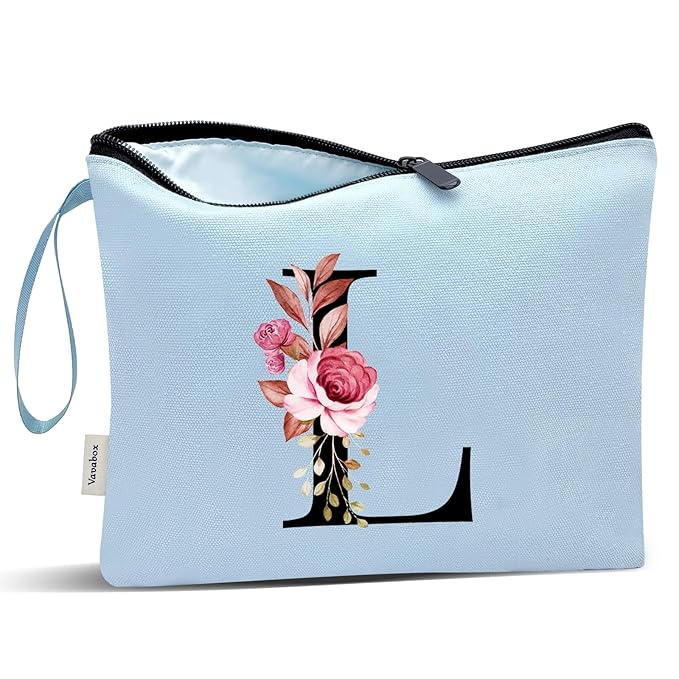 Vavabox A-Z Personalized Makeup Bag, Birthday Gifts for Women Mom, Gifts for Best Friend, Bride Bridesmaid Cosmetic bag (L, Blue)