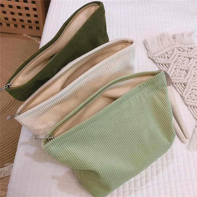 HAPPYHEIDI Fresh Green Corduroy Makeup Bag with Compartment Cosmetic Toiletry Travel Pouch, Make Up Accessory Purse Organizer, Canvas Lined