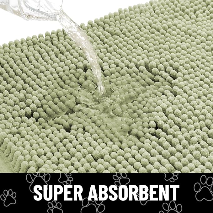 Smiry Dog Door Mat for Muddy Paws, Absorbent Dirt Trapper Non Slip Quick Dry Washable Chenille Mat for Mud Dogs, Entry Rug for Indoor and Outdoor (59x24 Inches, Sage Green and White)
