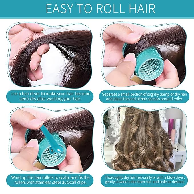 Hair Rollers, 12 Pack Self Grip Salon Hairdressing Curlers, DIY Curly Hairstyle, Large Rollers 1.57In Blue-Green