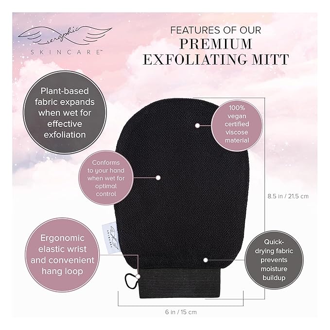 Seraphic Skincare Original Premium Exfoliating Mitt for Body (2pc) – 100% Vegan Viscose Traditional Body Scrub Glove Kessa Korean Washcloth – Body Exfoliator for Self-Tan Removal & Keratosis Pilaris