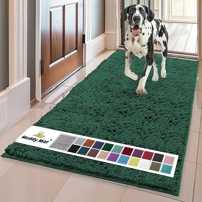 Muddy Mat® | Super Absorbent Door Mat Indoor, Microfiber Quick Dry Chenille Entryway Rug, Non-Slip Front Door Mat, Indoor Mats for Entryway, Machine Washable Pet Rug, Dark Green 24" x 120"