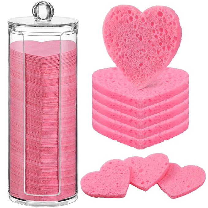 Sieral 120 Pcs Compressed Facial Sponges with Container Disposable Face Sponge Pads for Washing Face Cleansing Exfoliating Esthetician Makeup Removal(Heart,Pink)