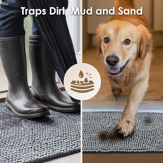 EHEYCIGA Super Absorbent Dog Door Mat for Muddy Paws 60x36 Inch Indoor, Front Doormat Outside Entrance, Quick Dry Chenille Washable Dog Crate Bed, Non-Slip Pet Rug Mud Mat Outdoor Entryway, Grey
