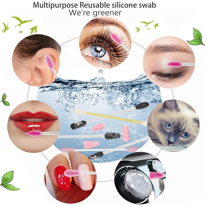 Strogem Reusable Cotton Swabs with 1 Mirror for Makeup Application and Cleaning, Multifunctional Portable Washable Silicone Q-Tip (green)