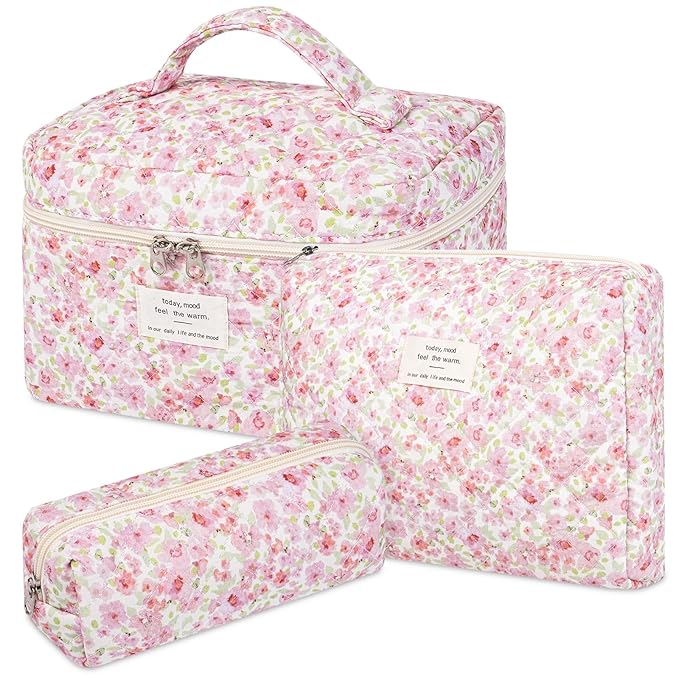 senbowe Floral Makeup Bag, 3 Pack Large Cotton Quilted Makeup Bag Set, Cute Floral Coquette Aesthetic Toiletry Bag Make Up Cosmetic Bag for Women, Toiletry Travel Make Up Organizer Bag