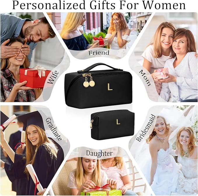 Birthday Gifts for Women Teen Girl, Personalized Initial Makeup Organizer Bag Set, Open Flat Travel Cosmetic Bag With Clear Divider and Handle(Black,L)