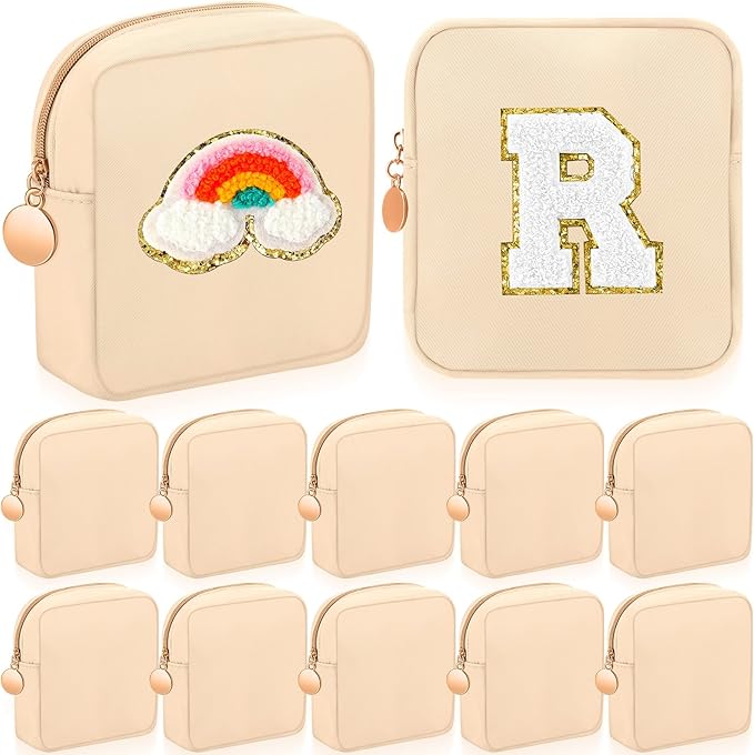Kacctyen 12 Pcs Mini Makeup Bag Nylon Small Pouch for Purse Mini Square Nylon Pouch with Zipper Small Cosmetic Travel Makeup Bag Purse Organizer for Women(Beige Color,Regular)