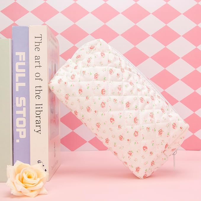 PAZIMIIK 2PCS SET Vintage Quilted Makeup Bag Cosmetic Pouch for Brushes Pencils and Travel Make Up Accessories for Women and Girls Gauze Rose