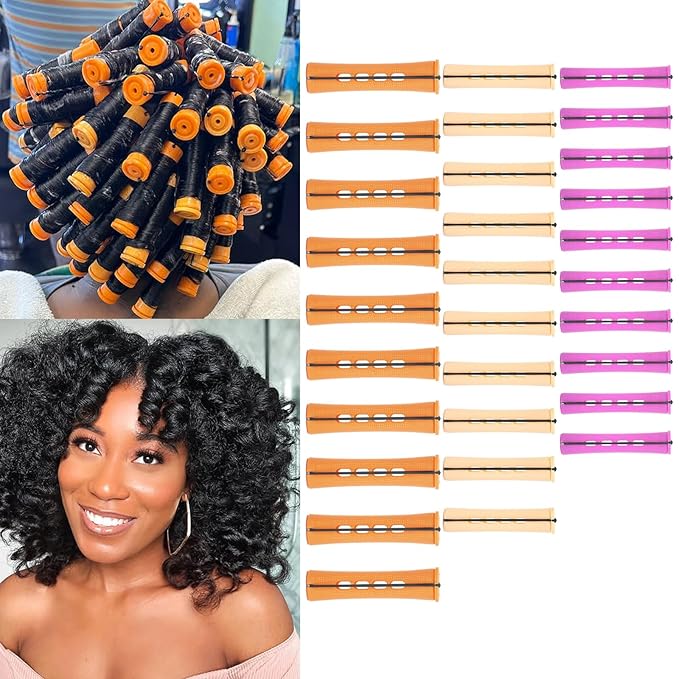 30Pcs Perm Rods Set For Short Hair,Orange Beige Purple Perm Rods For Long Hair 3 Sizes Cold Wave Non-Slip Perming Rods Hairdressing Tools